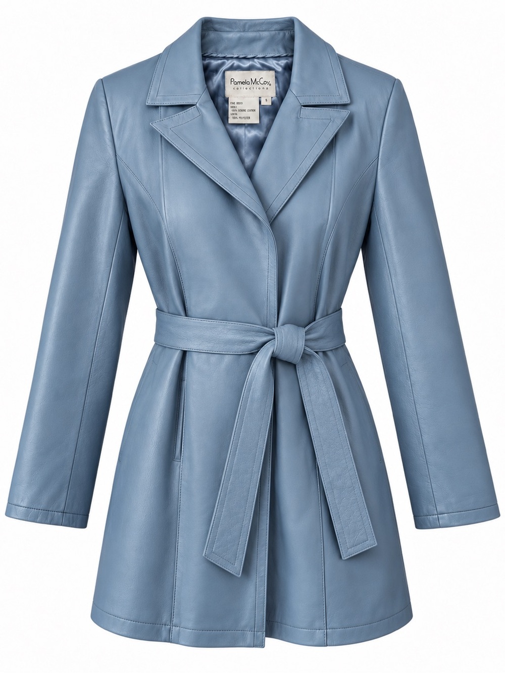 Pamela McCoy Blue Genuine Leather Trench Coat Detachable Vest Belt Size S